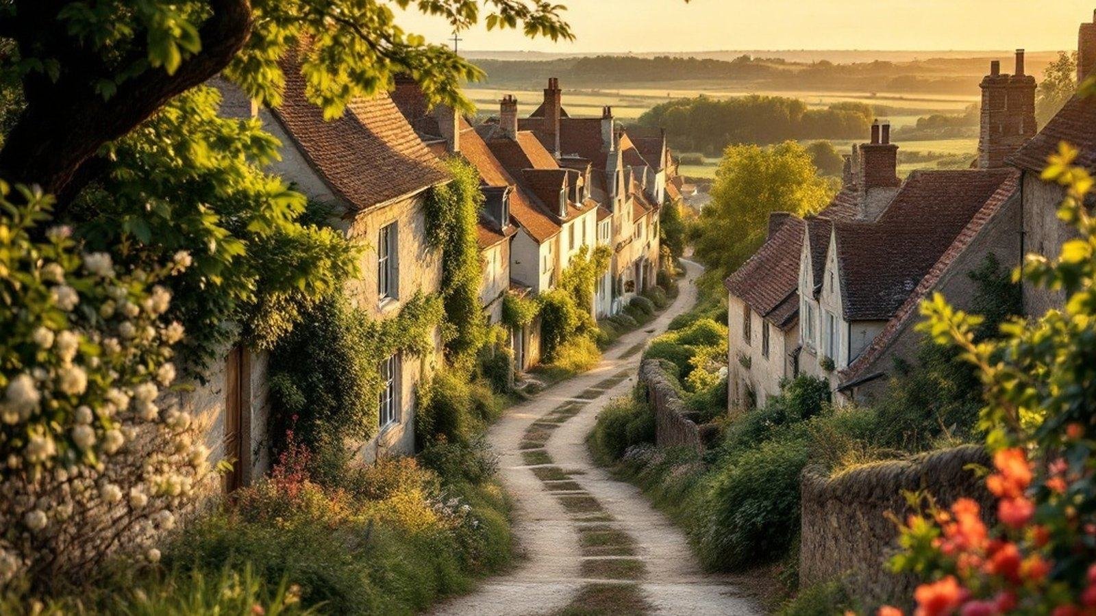 Wide shot of sunken lane (chemin creux) in summer