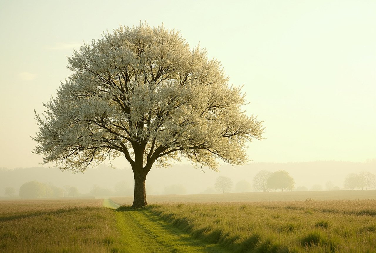 Tall, solitary perry-pear tree in blossom in a Norman meadow