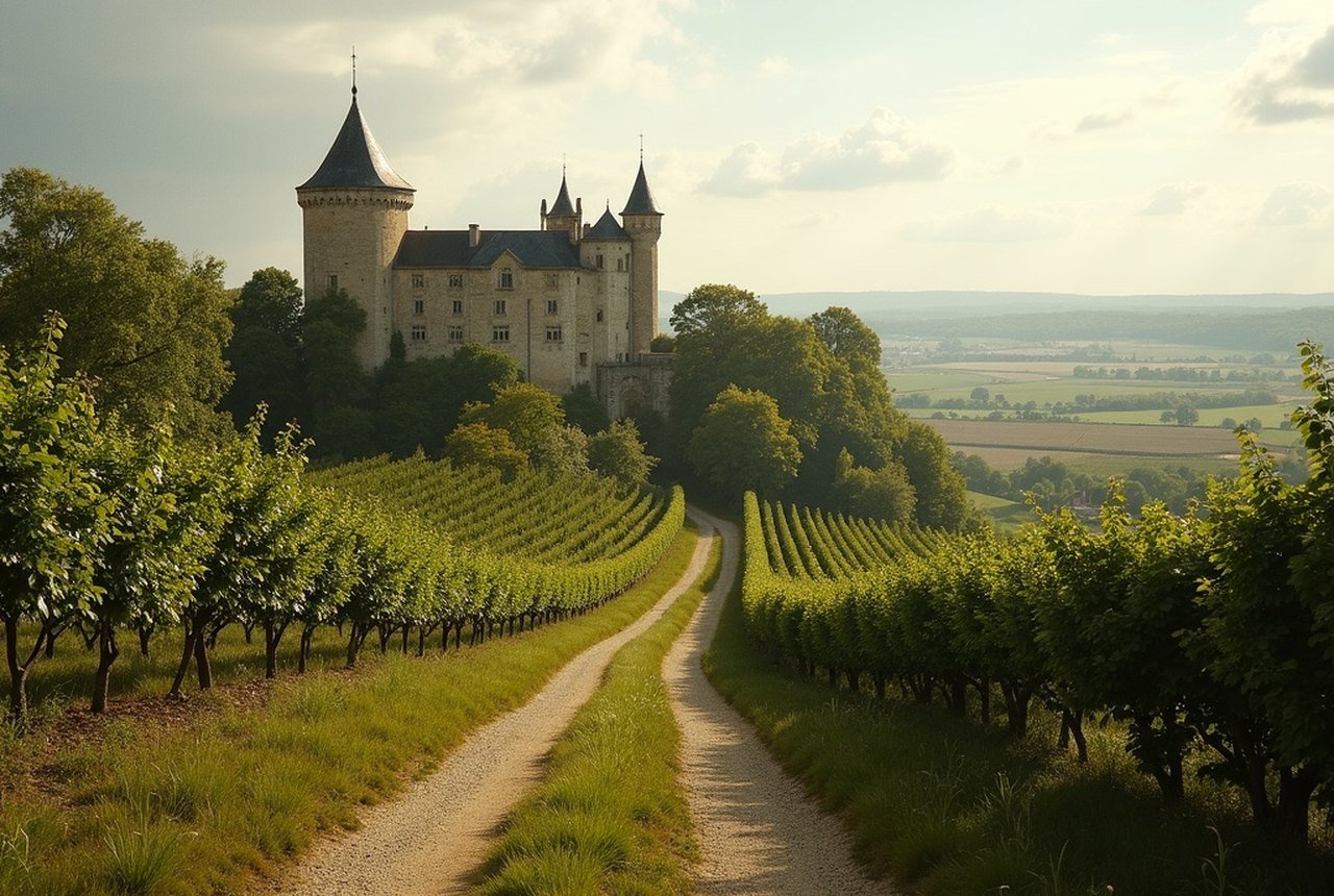 View back to Domfront château ruins from open bocage farmland