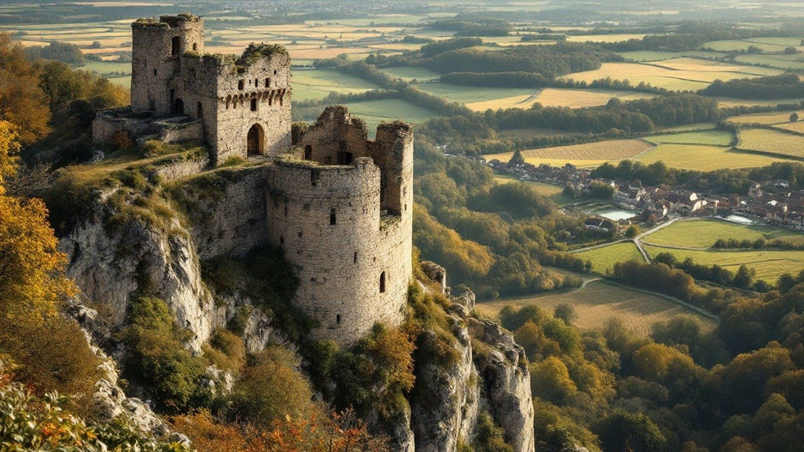 The ruined keep from below, showing the granite spur dropping to the valley