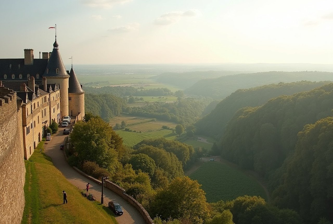 Wide panoramic view from the ramparts south over the Varenne valley and bocage