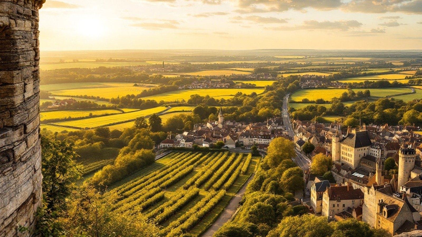 Wide panorama from the southern ramparts belvedere looking west over bocage and orchard country