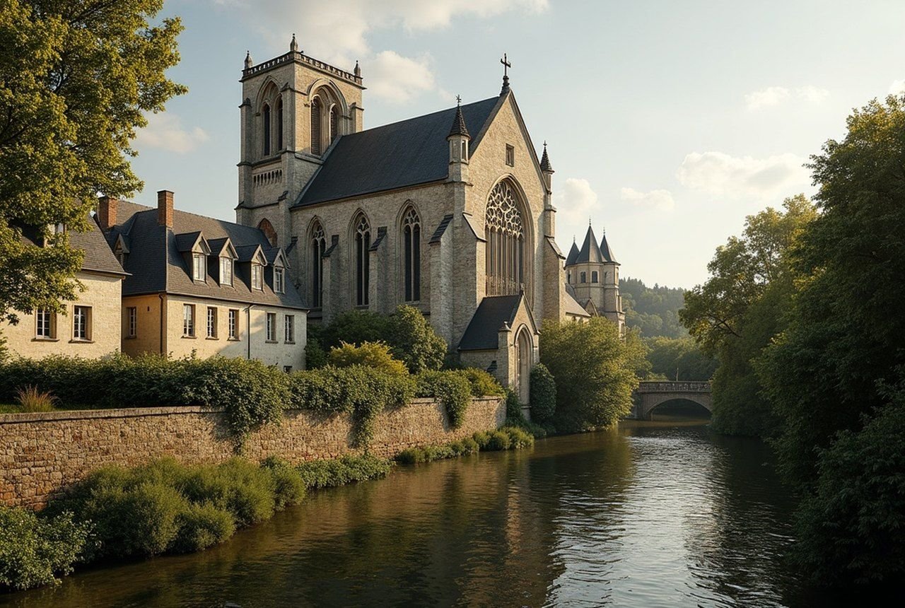 Exterior of Notre-Dame-sur-l'Eau beside the Varenne, low angle showing apse and river