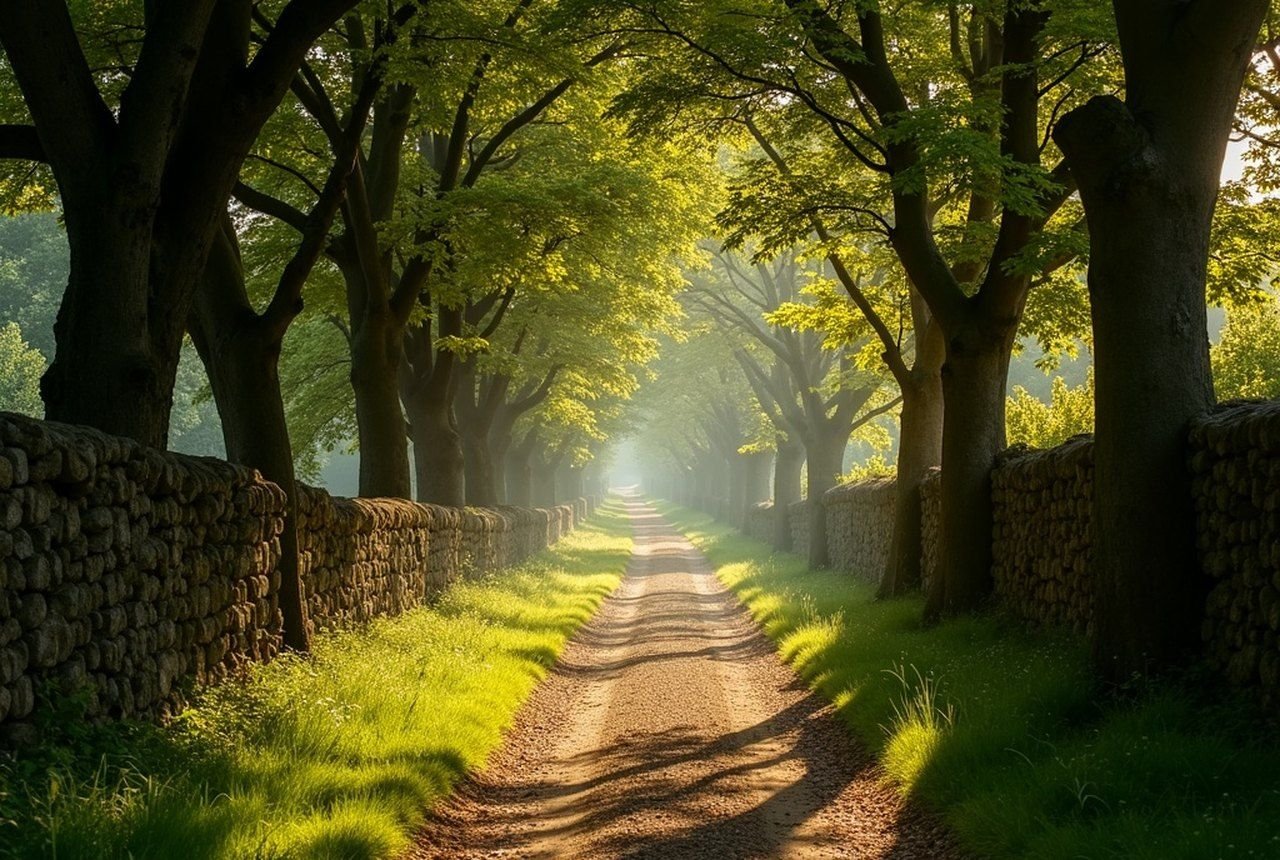 Dappled path along the Varenne gorge through oak and beech