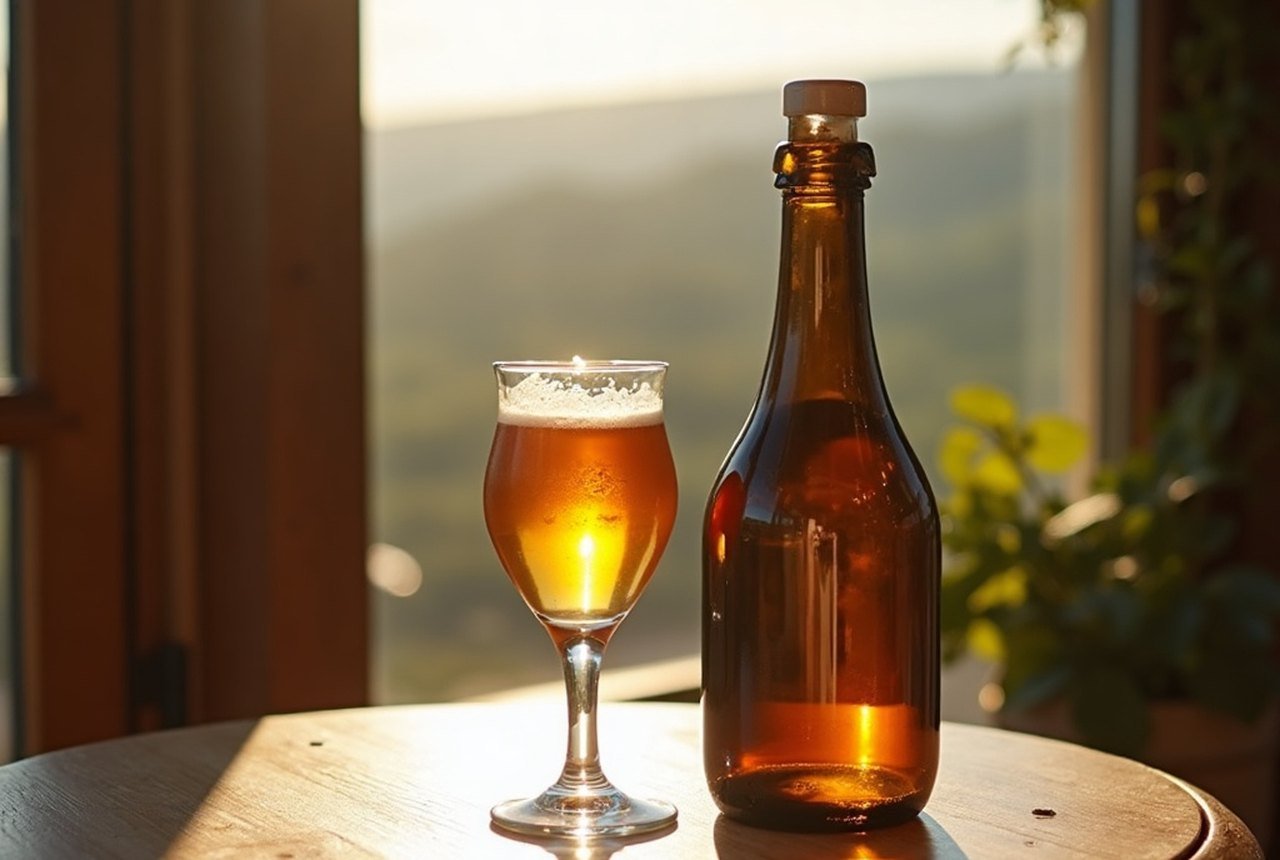 A glass of poiré on a café table, bottle alongside, warm afternoon light