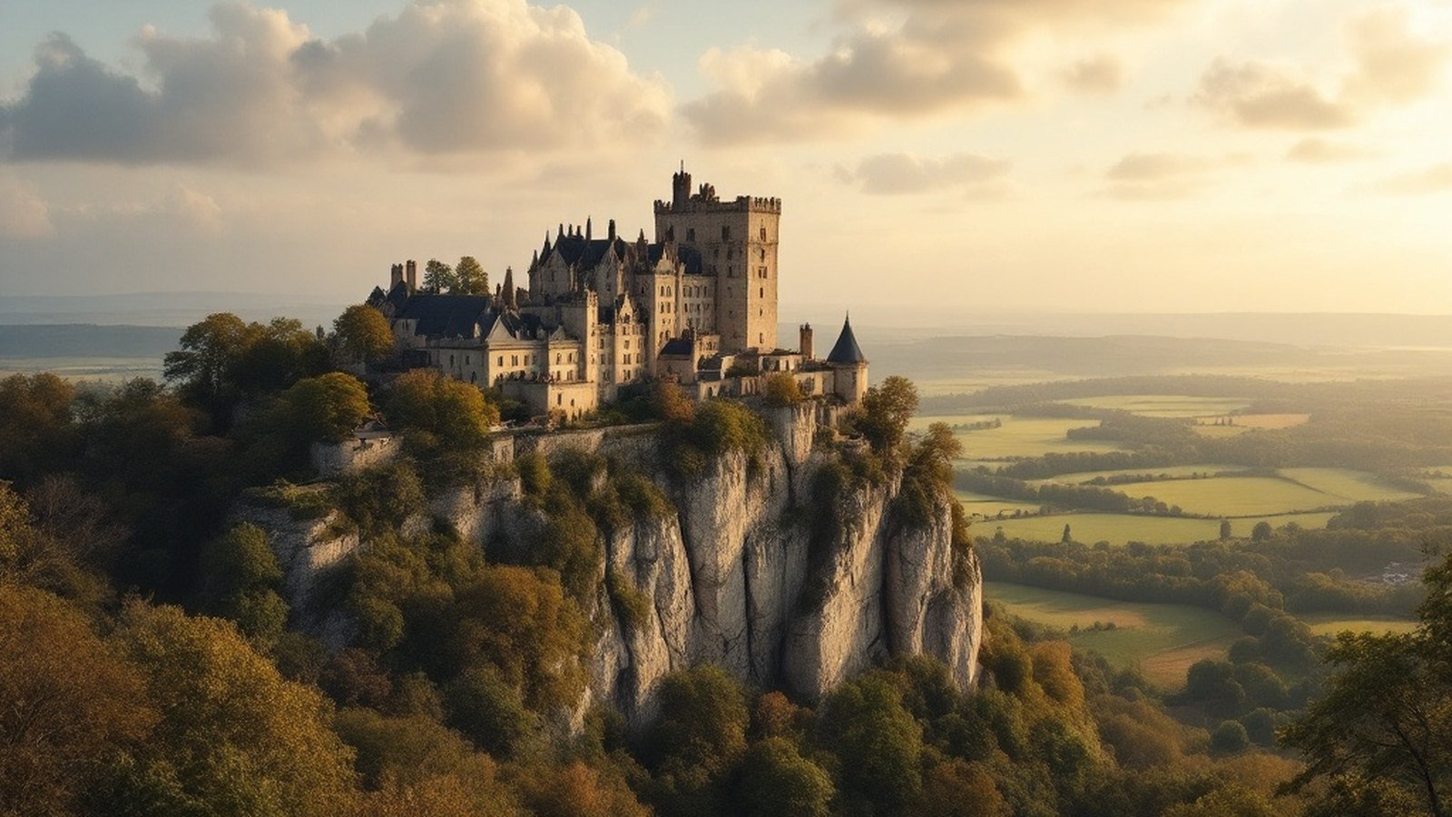 Wide shot of the granite ridge with the château silhouette