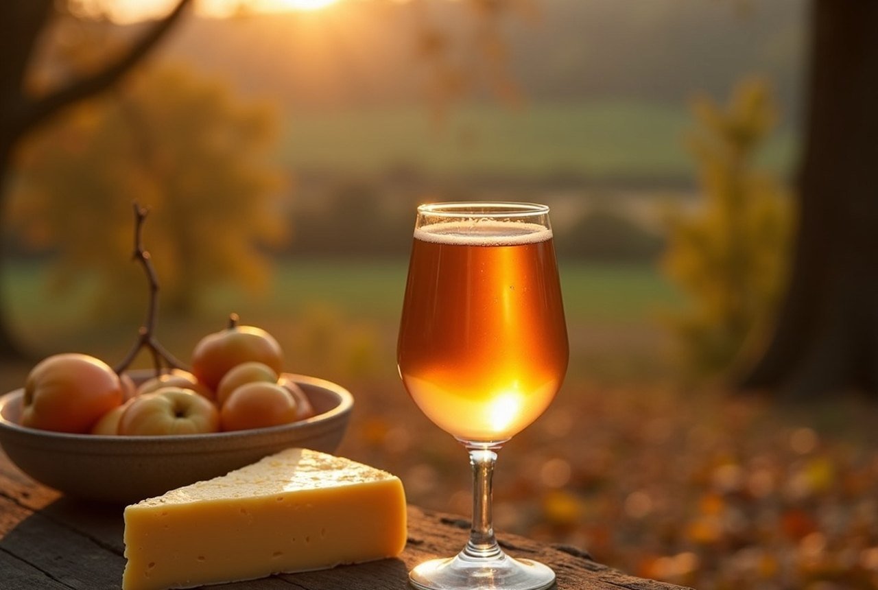 Close-up of pommeau in a short glass, ideally against autumn light or a cheese plate