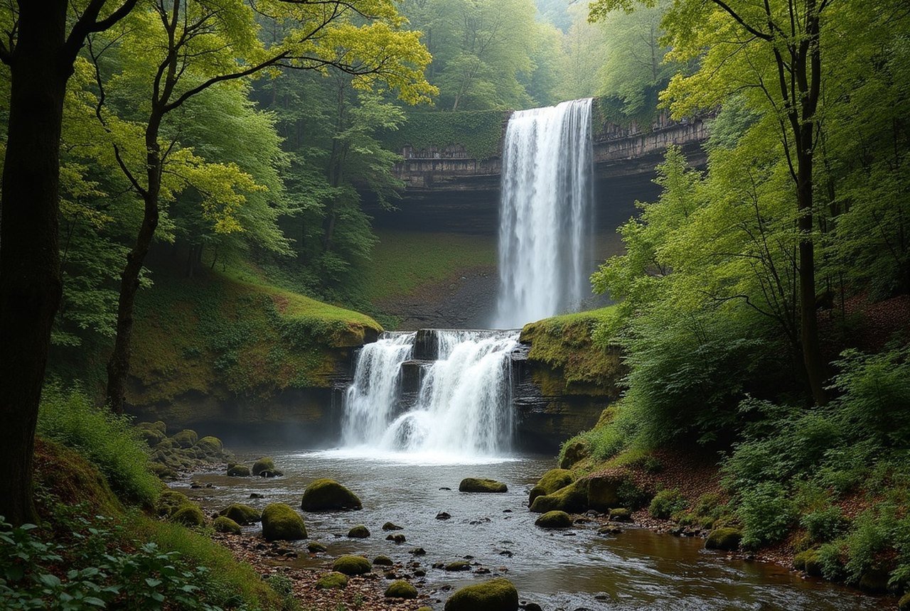 The Grande Cascade waterfall below Mortain in woodland