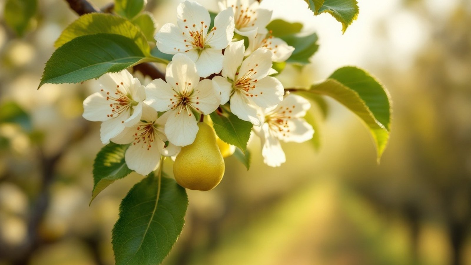 Perry-pear blossom on a high-stemmed tree, bocage behind