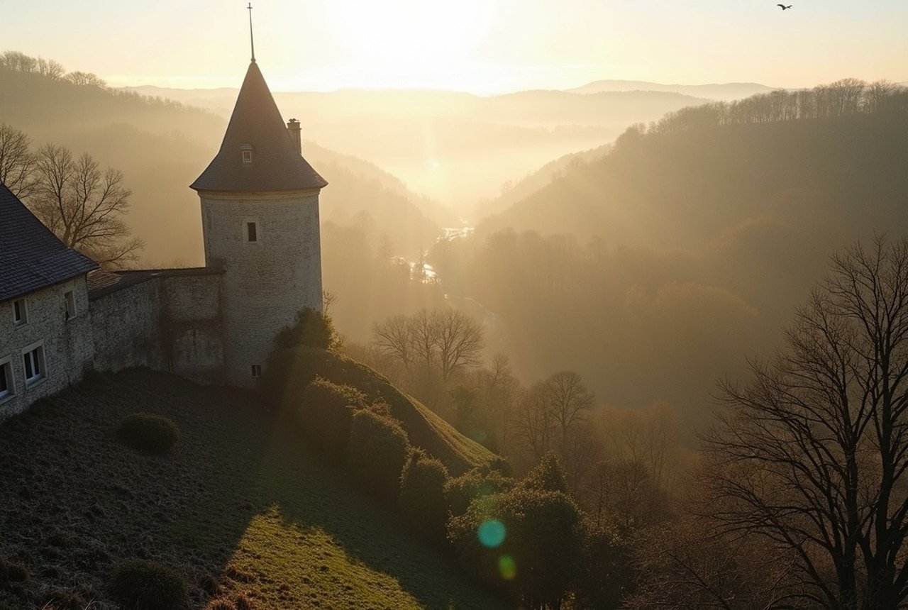 Looking down from the ramparts in winter light, mist in the Varenne valley