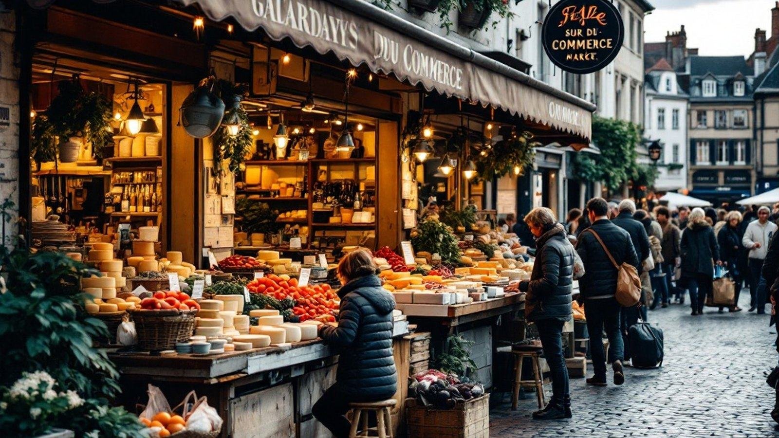 Saturday market stalls on the Place du Commerce, ideally showing produce, cheese or andouille