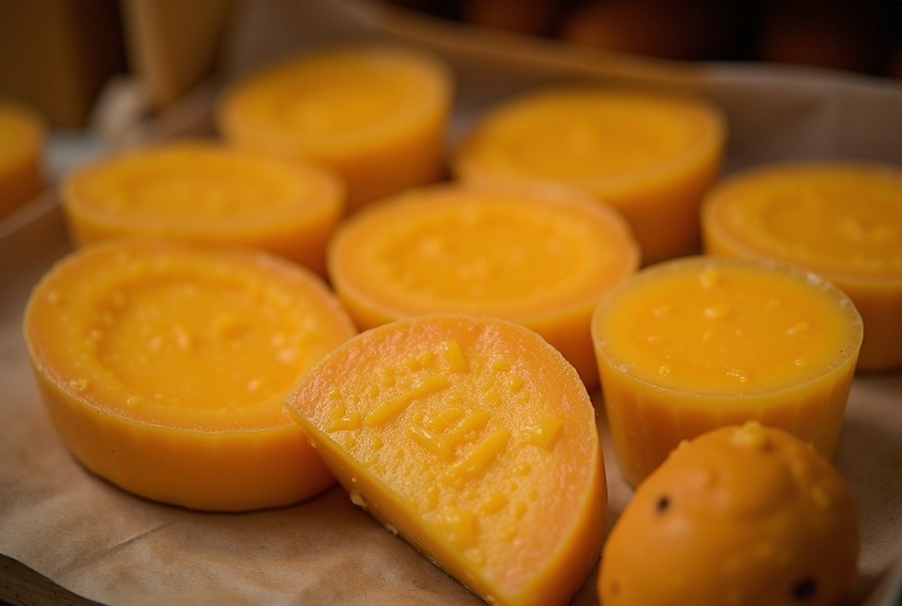 Close-up of andouille or market cheese from a Passais producer