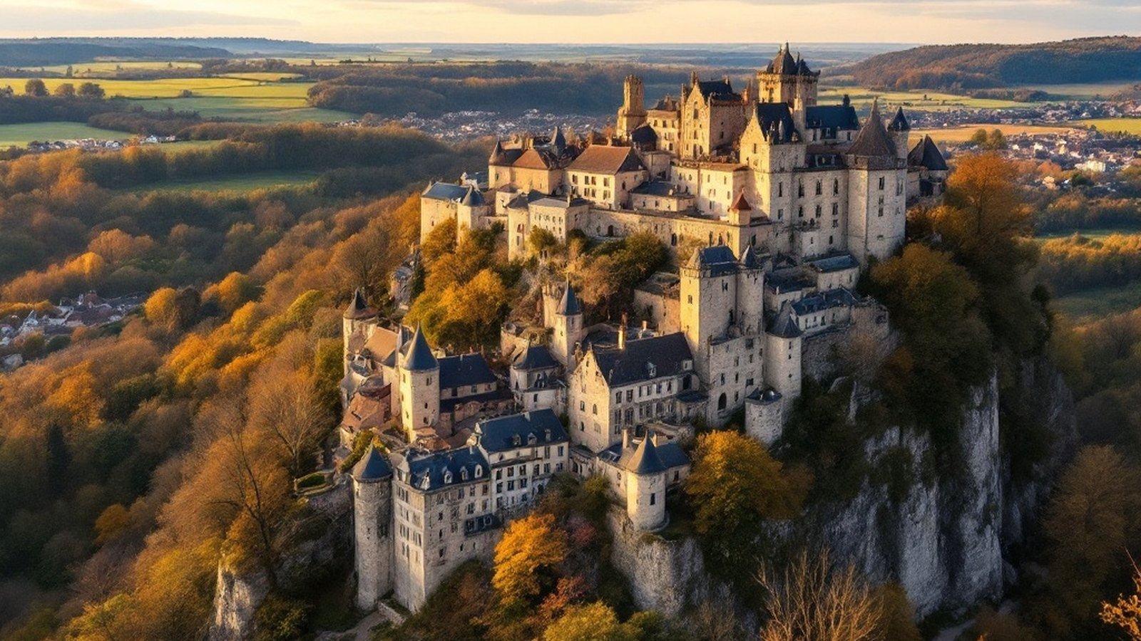 The perched old town of Domfront seen from below at golden hour — château ruins and ramparts crowning a granite spur above the wooded Varenne valley