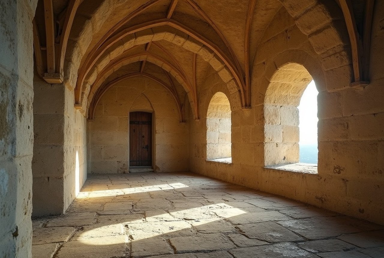 Interior of Notre-Dame-sur-l'Eau: bare limestone, round-headed windows