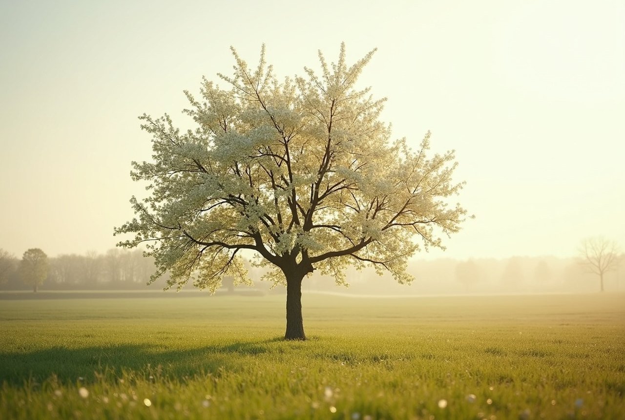 A tall, solitary perry-pear tree in blossom in a Norman meadow