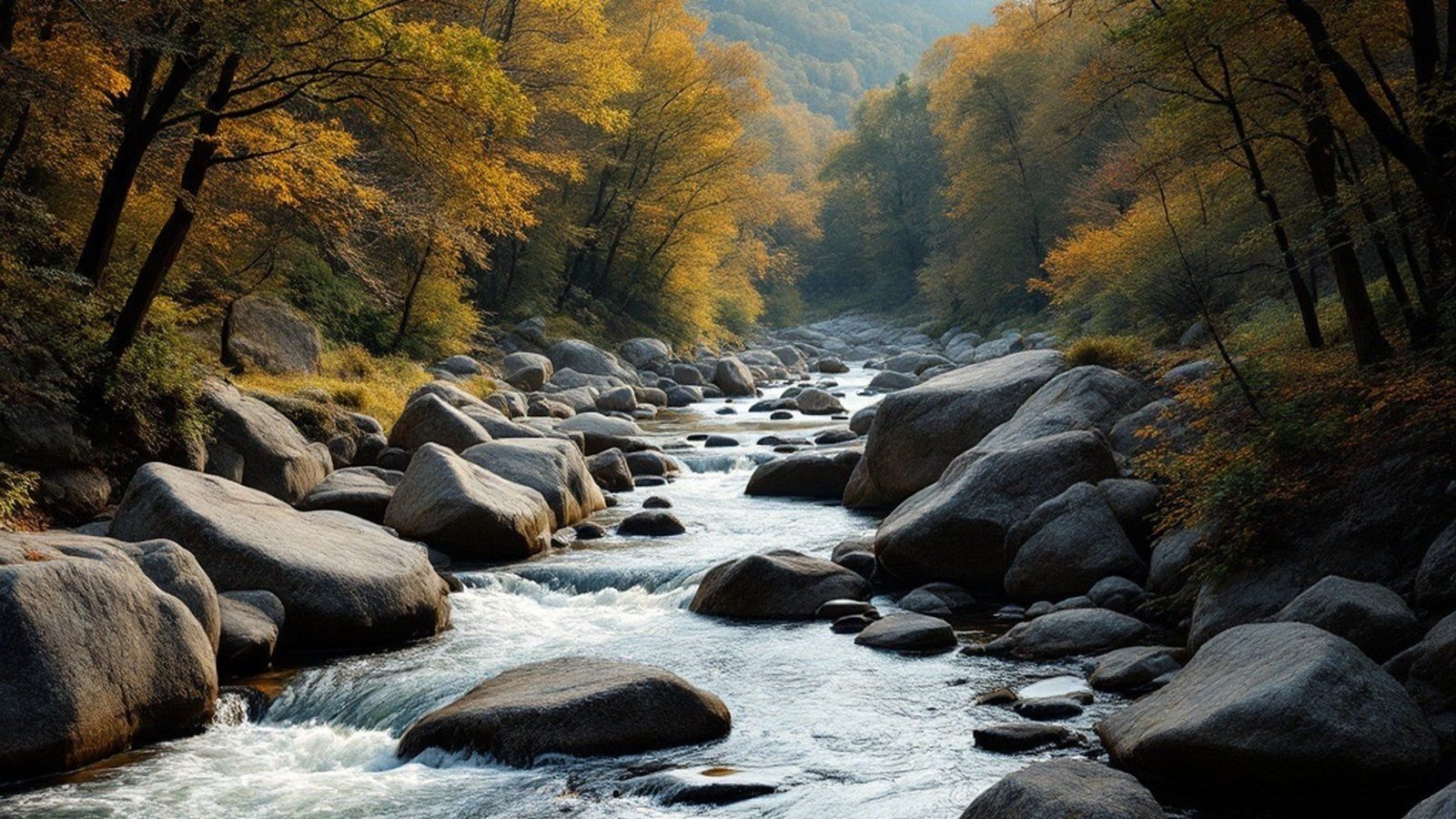 The Varenne river running over granite boulders with dense woodland on both banks
