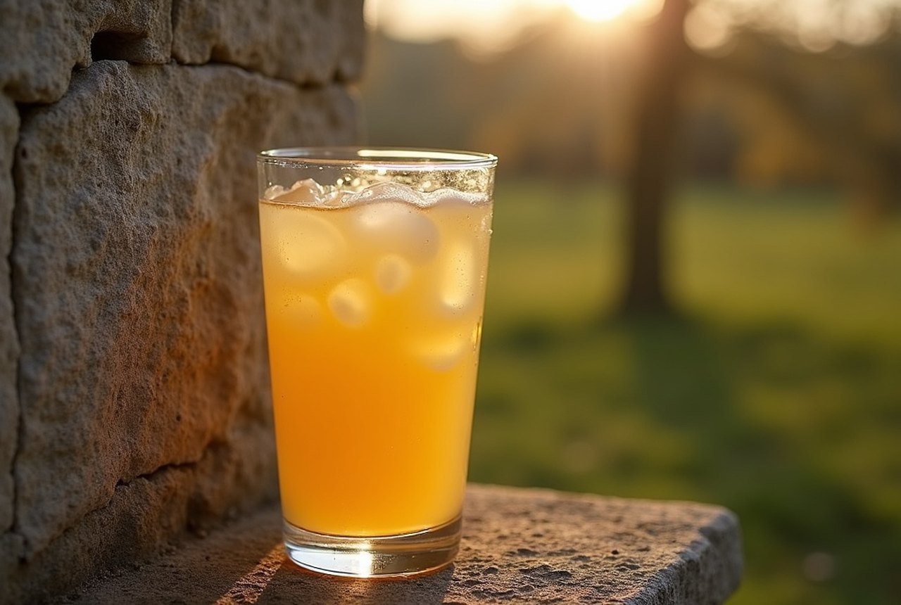A chilled glass of pale poiré against a Norman stone wall