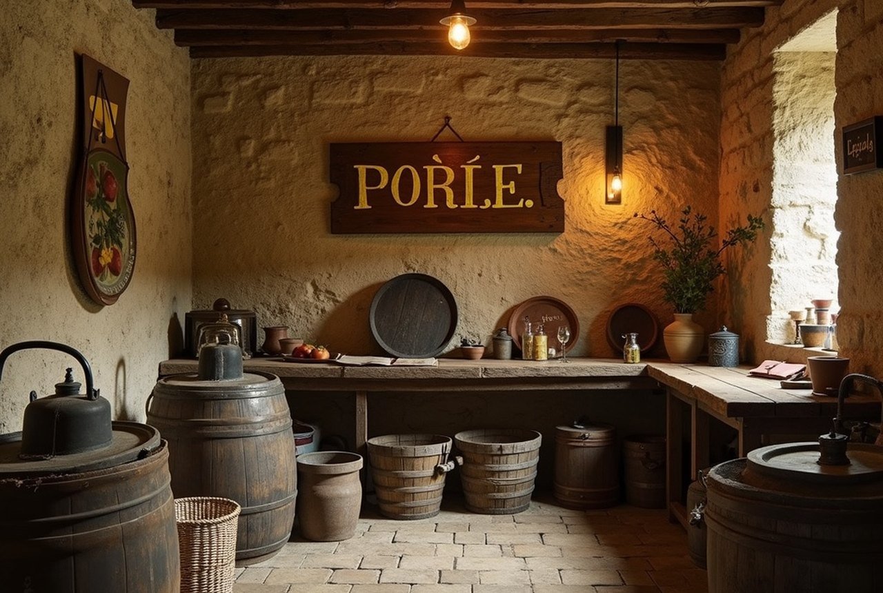 A modest working farm cellar with a hand-painted poiré sign
