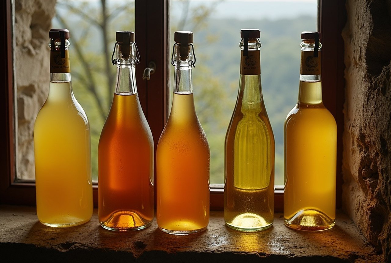 A row of bottles — cider, pommeau, Calvados Domfrontais — on a stone windowsill