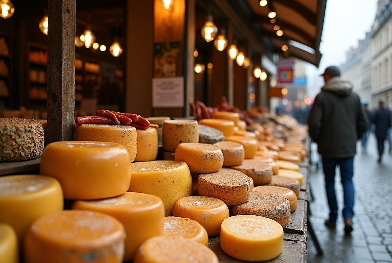 Saturday market stalls on the Place du Commerce with cheese and andouille