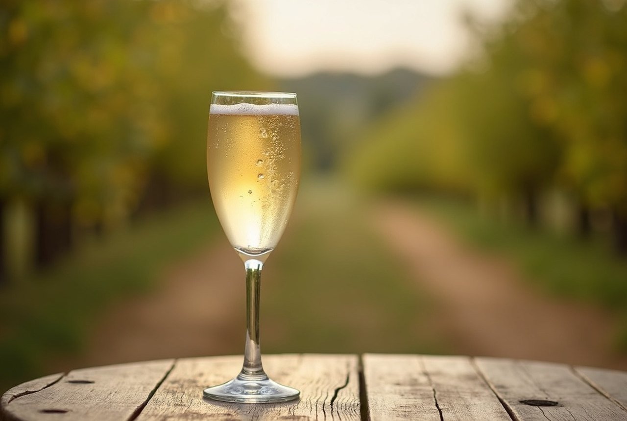 A chilled glass of pale, faintly sparkling poiré on a table with the Passais bocage behind