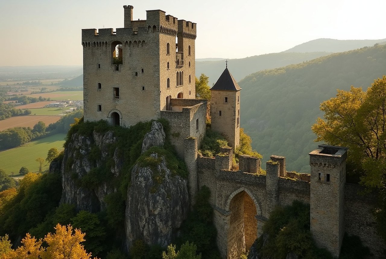 The ruined granite keep of Domfront château rising above the Varenne gorge