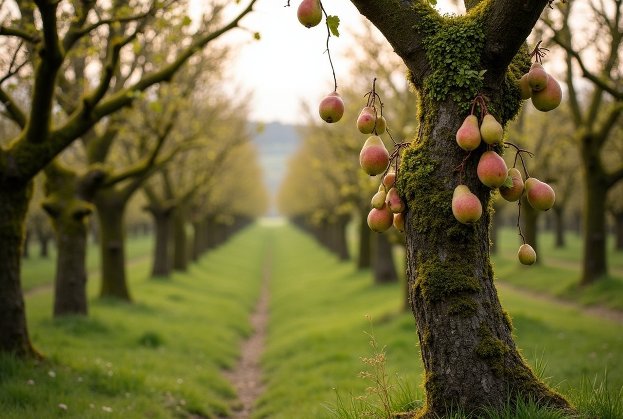 Old moss-covered plant de blanc pear trees in a Passais orchard