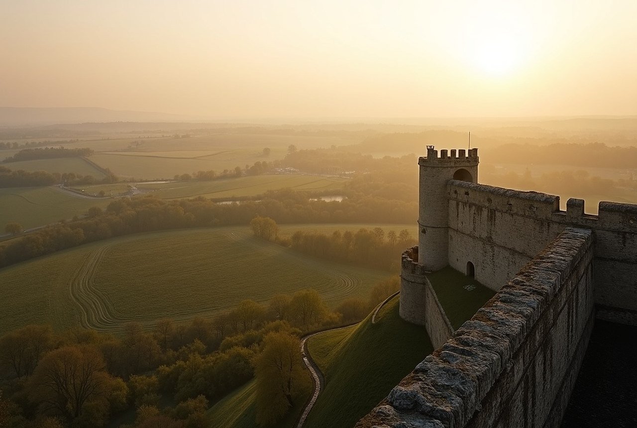 A panorama from Domfront's southern ramparts over orchard country at first light
