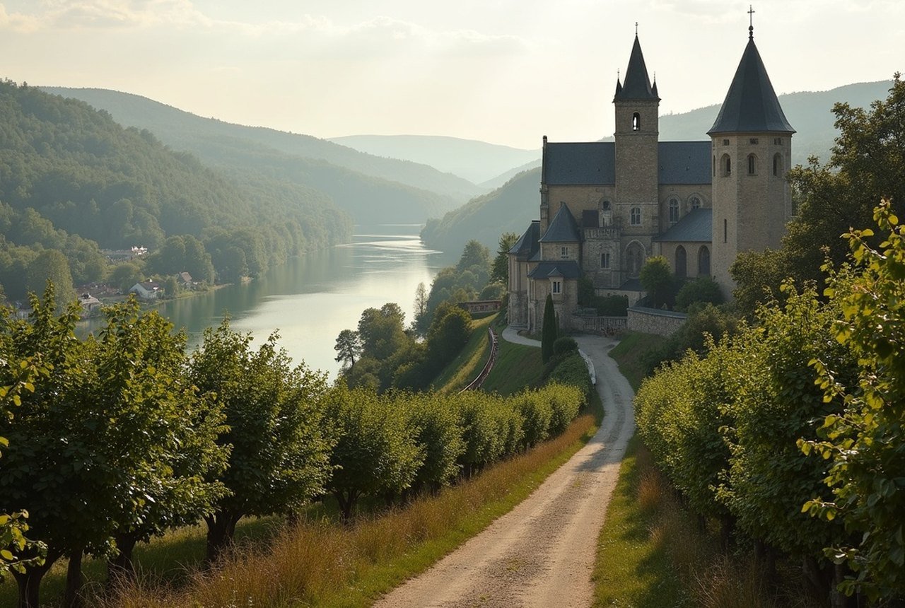 The Romanesque church Notre-Dame-sur-l'Eau beside the river at the foot of the hill