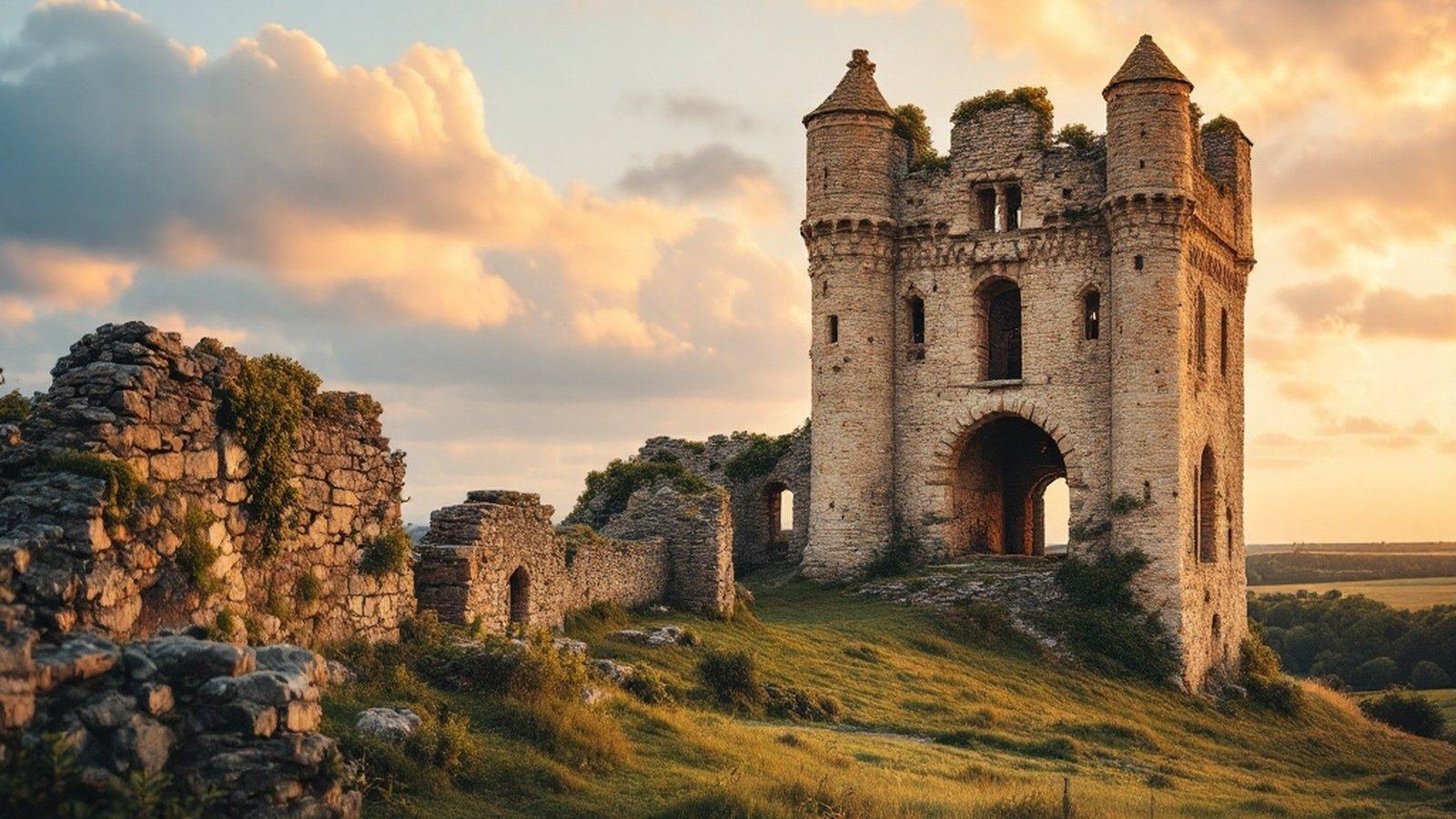 The ruined keep stub against open sky