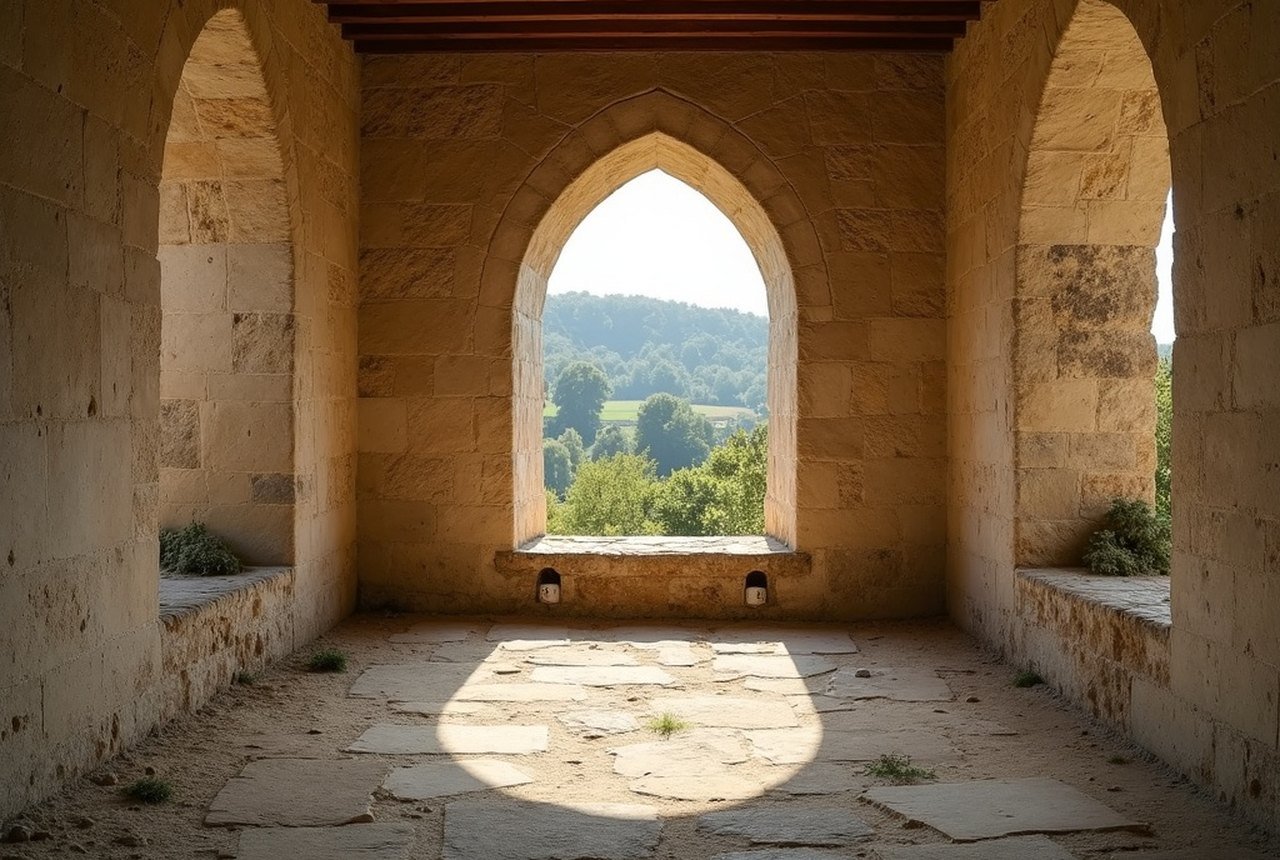 Interior looking east: bare limestone, round-headed windows, crossing arches