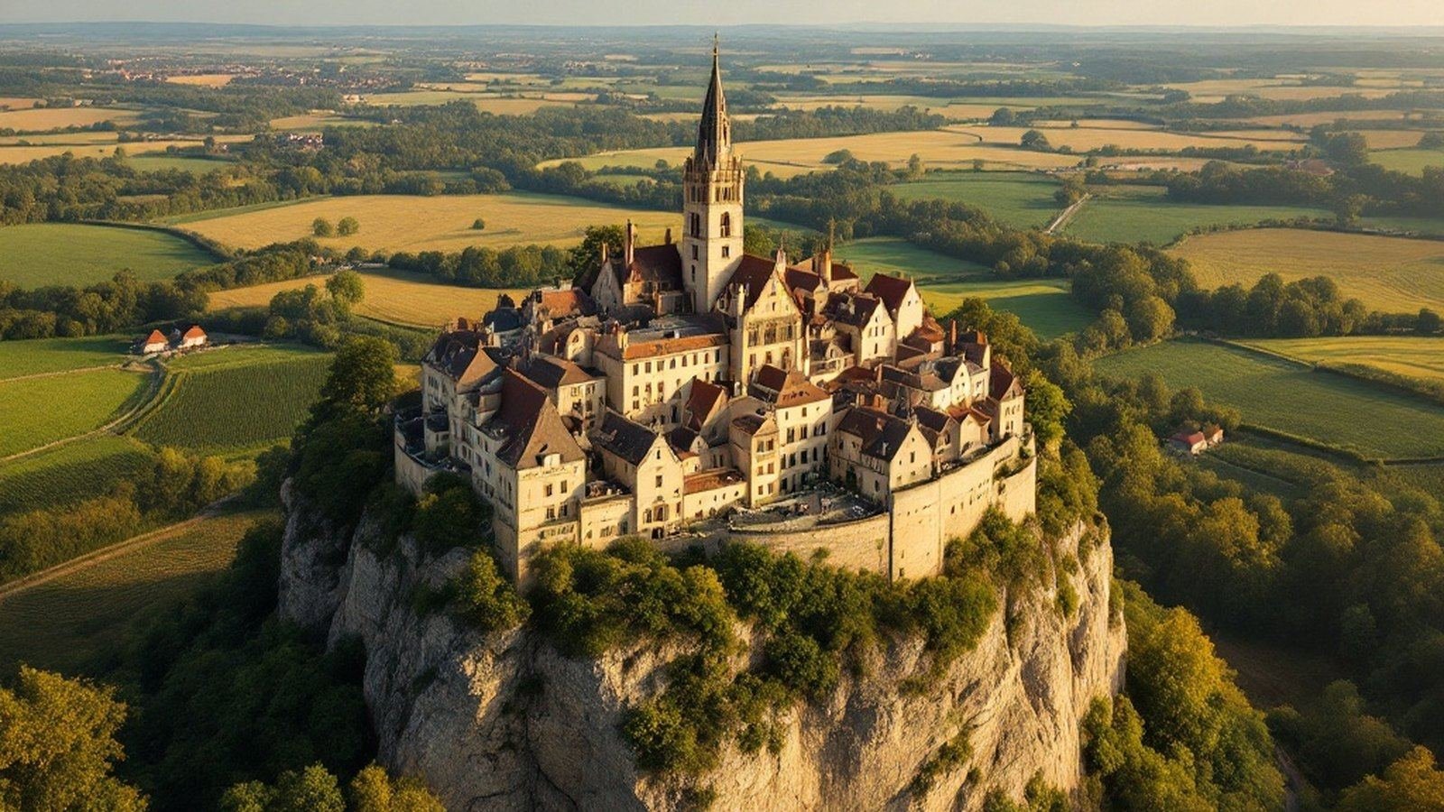 Aerial or elevated view of Domfront on its rock, showing the bocage surroundings