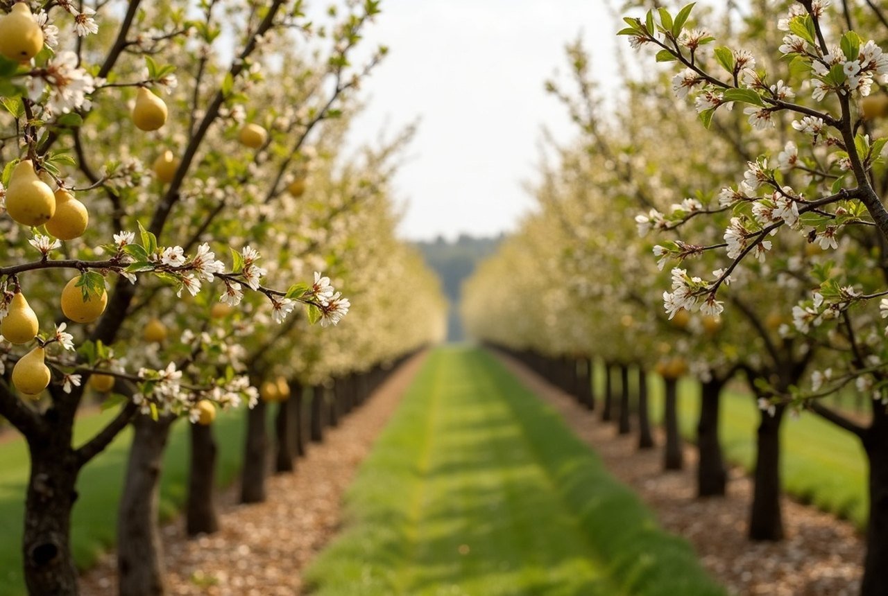 Pear orchard in blossom or autumn colour in the Passais