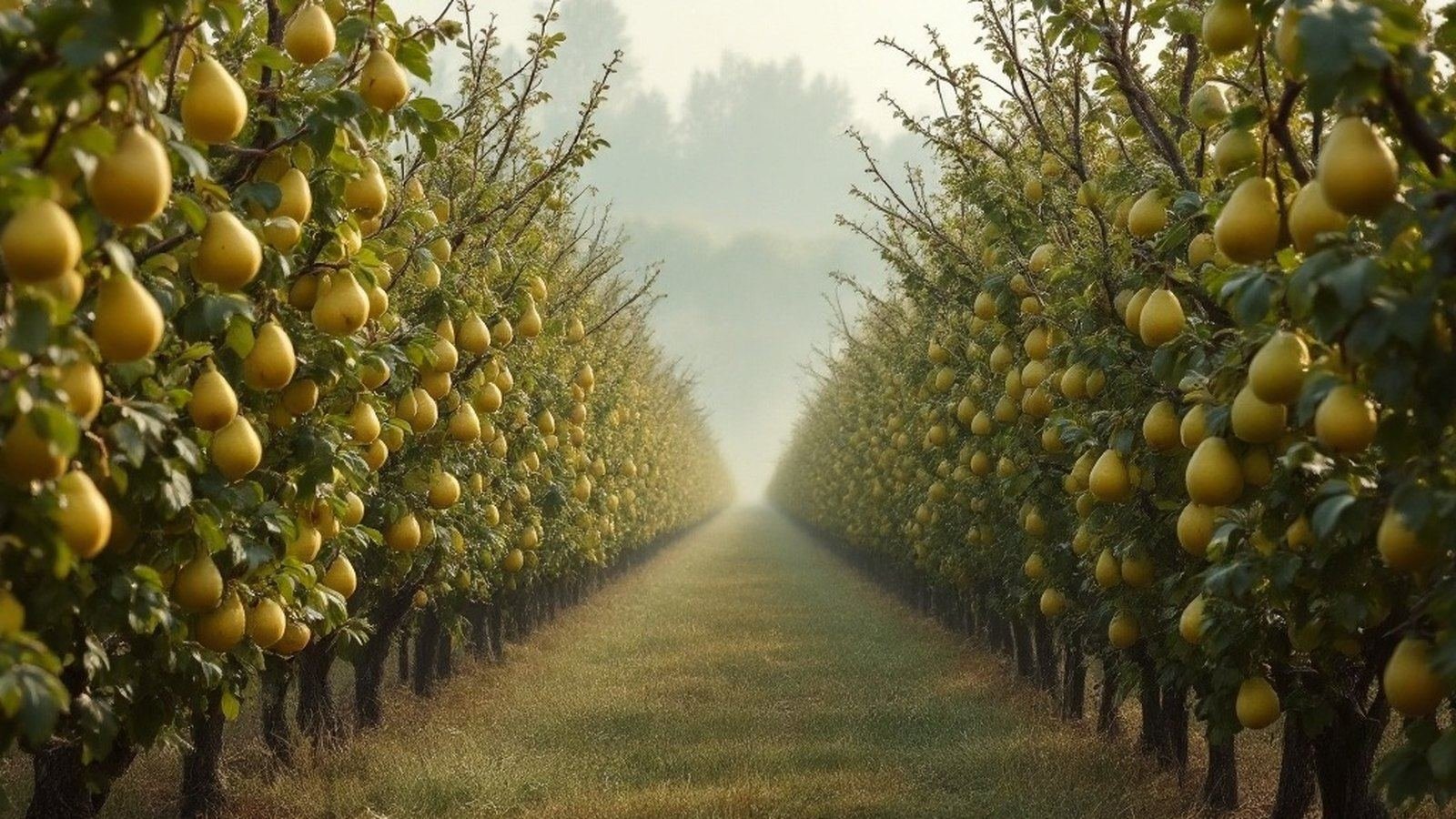 Old plant de blanc pear trees in a Passais orchard, tall and moss-covered