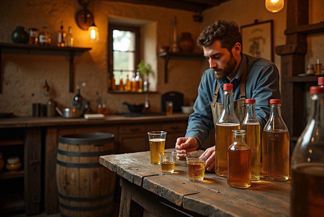 A farm cellar or bottling scene, modest and working