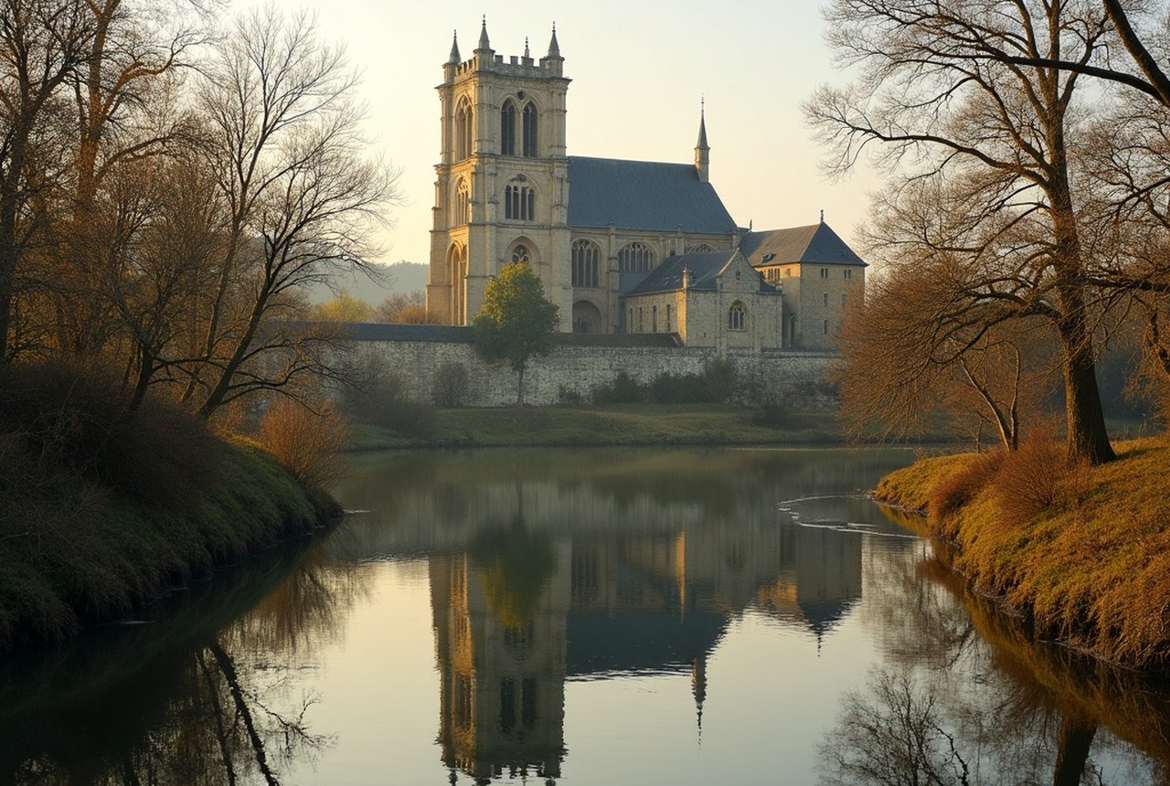 Notre-Dame-sur-l'Eau reflected in still water at the river's edge