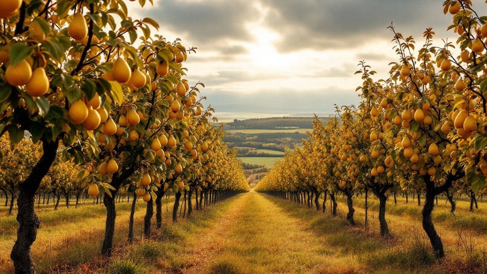 Wide shot of standard hautes-tiges pear trees in permanent pasture, autumn, in the Passais bocage
